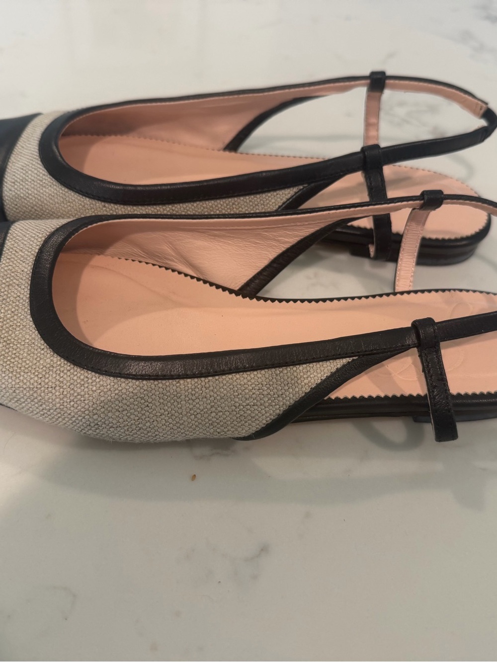 J. Crew Beige Canvas Slingback Flats with Black Trim and Blush Insole